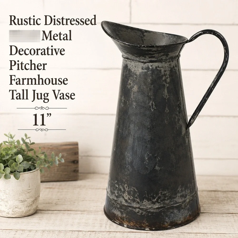 Rustic Distressed Metal Decorative Pitcher Farmhouse Tall Jug Vase 11